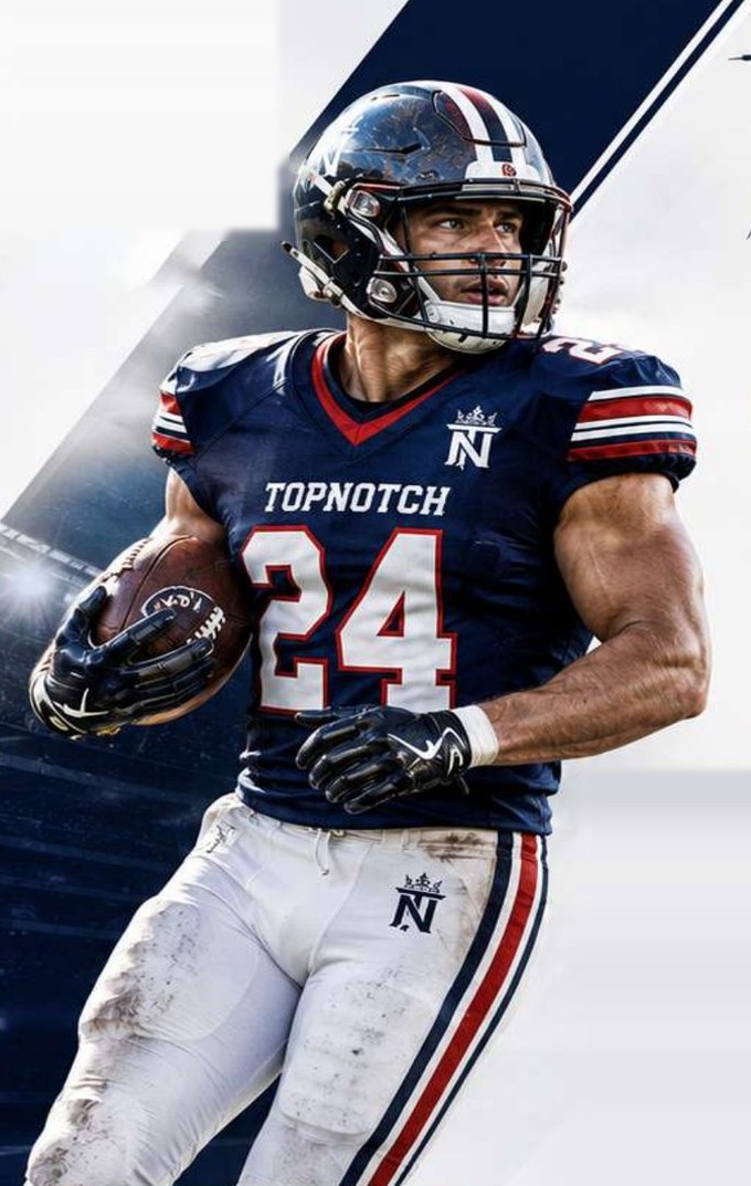 Tackle football player in a navy Top Notch Sports custom uniform carrying the ball