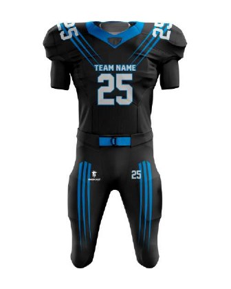 The same tackle football uniform design in the catalog black and blue colorway